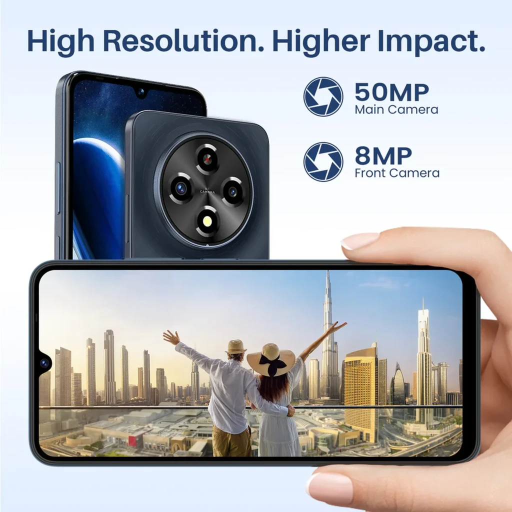 Lagenio A12 Pro 256GB Navy con pantalla amplia, notch en V, módulo trasero circular con cuatro lentes y flash; destaca cámara 50 MP y frontal 8 MP