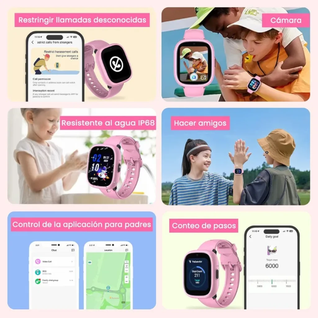 Lagenio K3 New con cámara, pantalla táctil, correa rosa, IP68 resistente al agua, conteo de pasos y control parental en app