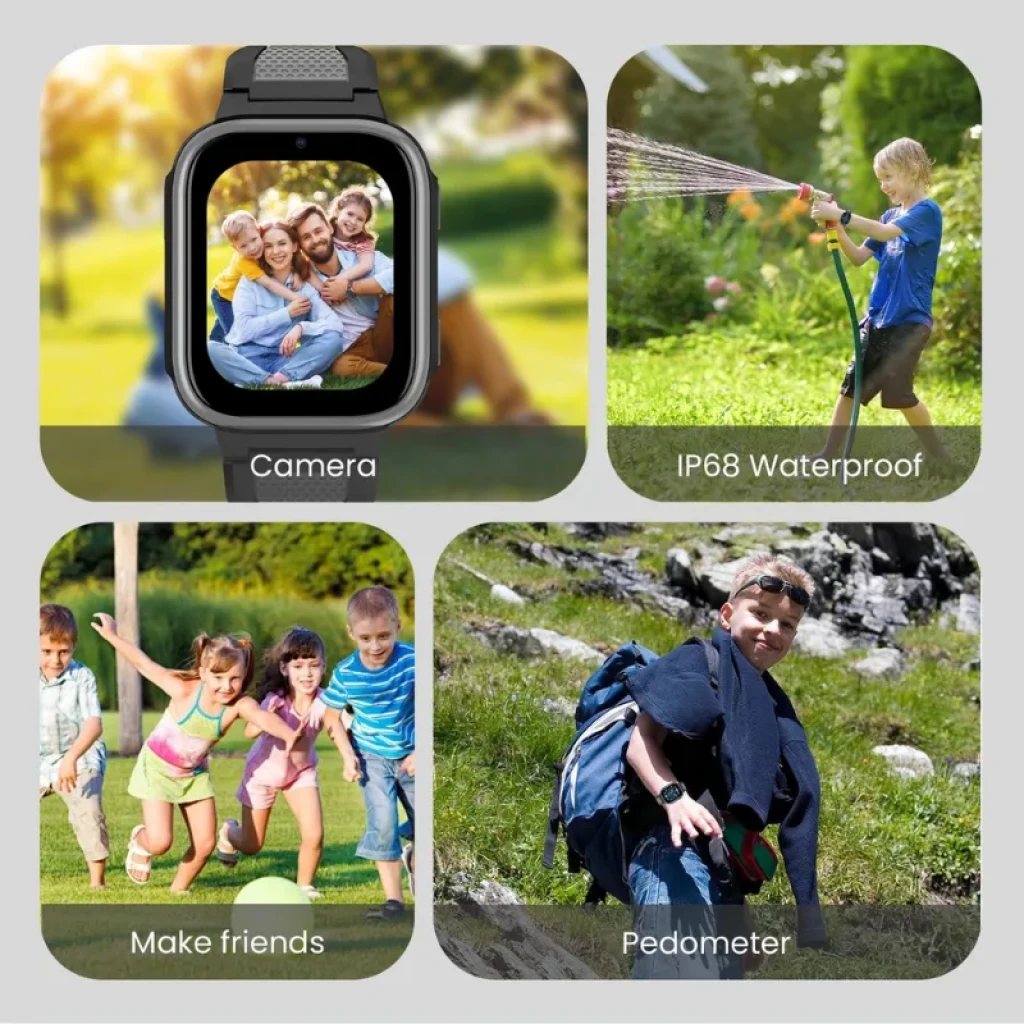 Lagenio K10 4G GPS SOS para niños: pantalla táctil con cámara, correa negra, resistente al agua IP68, podómetro y funciones sociales para amigos