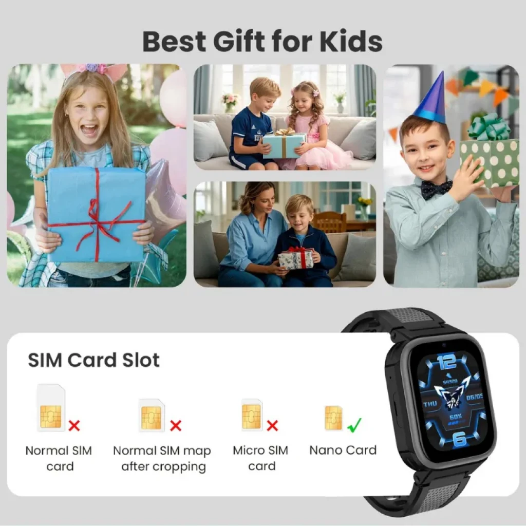 Lagenio K10 smartwatch infantil con pantalla táctil, correa negra, números grandes azules y ranura para tarjeta Nano SIM 4G, GPS y botón SOS