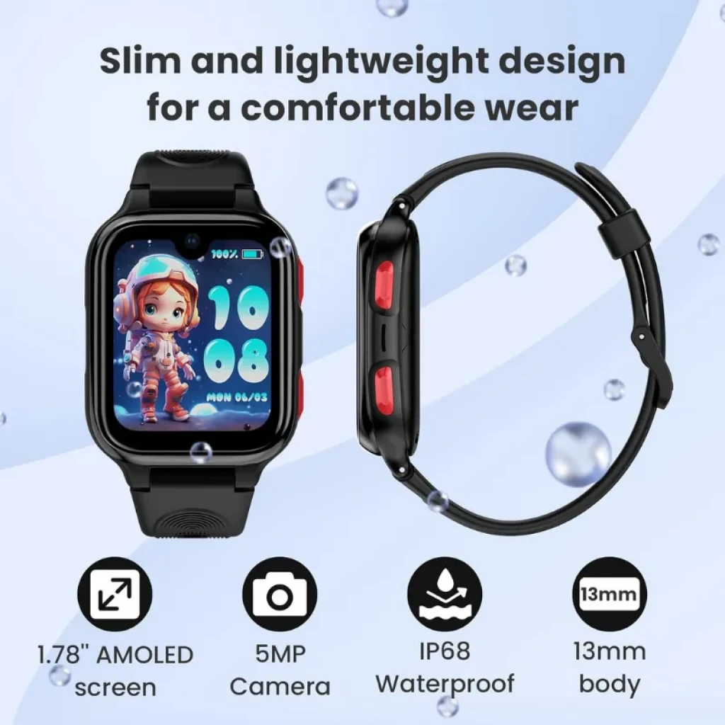 Lagenio K9 reloj infantil con pantalla AMOLED 1,78 pulgadas, carcasa negra con botones rojos, cámara 5 MP, resistente al agua IP68, correa ajustable