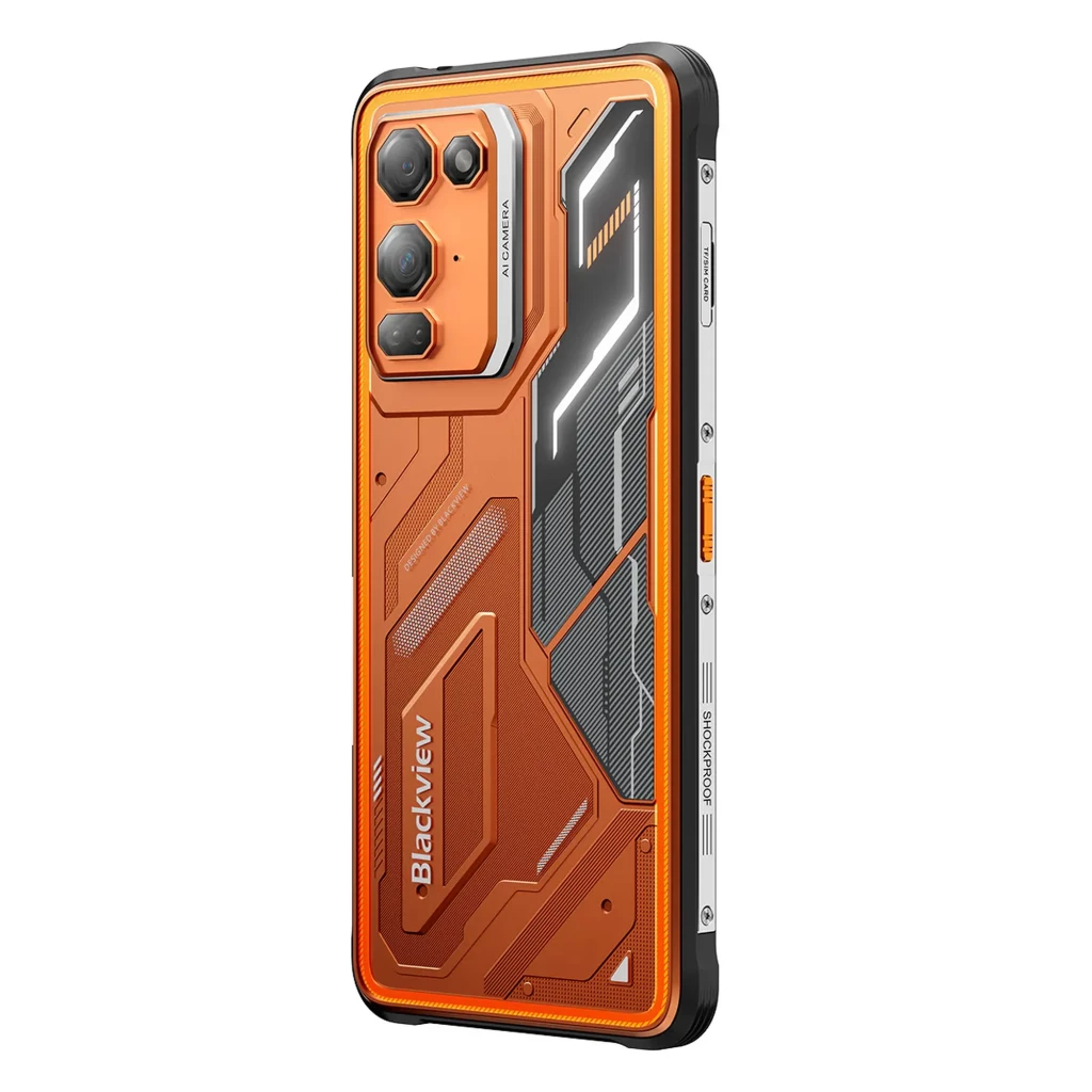 Smartphone rugerizado Blackview Fort 200 naranja con carcasa metálica y detalles industriales, triple cámara trasera en módulo hexagonal y bordes reforzados