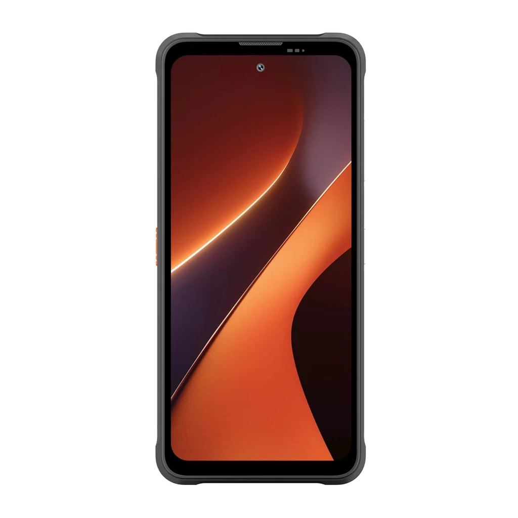 Blackview Fort 200 naranja con pantalla frontal amplia, bordes reforzados en gris oscuro y botón lateral naranja; diseño robusto y moderno