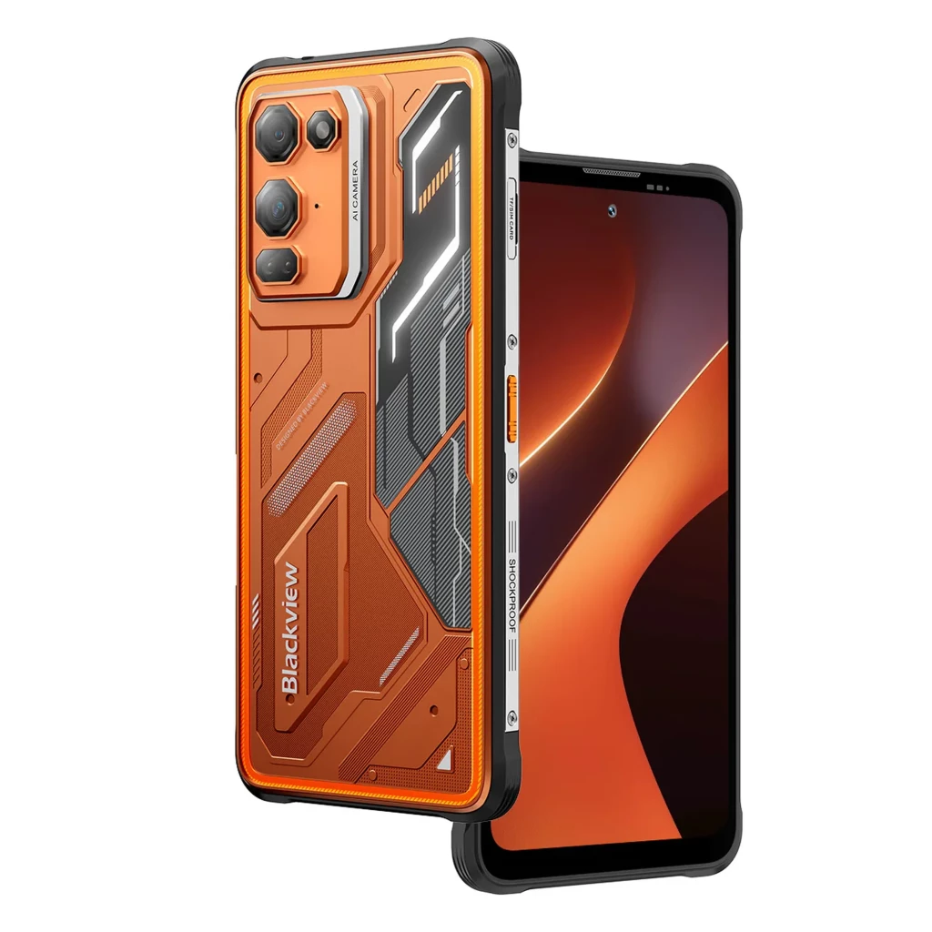 Smartphone Blackview Fort 200 naranja con carcasa robusta, triple cámara trasera, pantalla con biseles resistentes y botones laterales reforzados