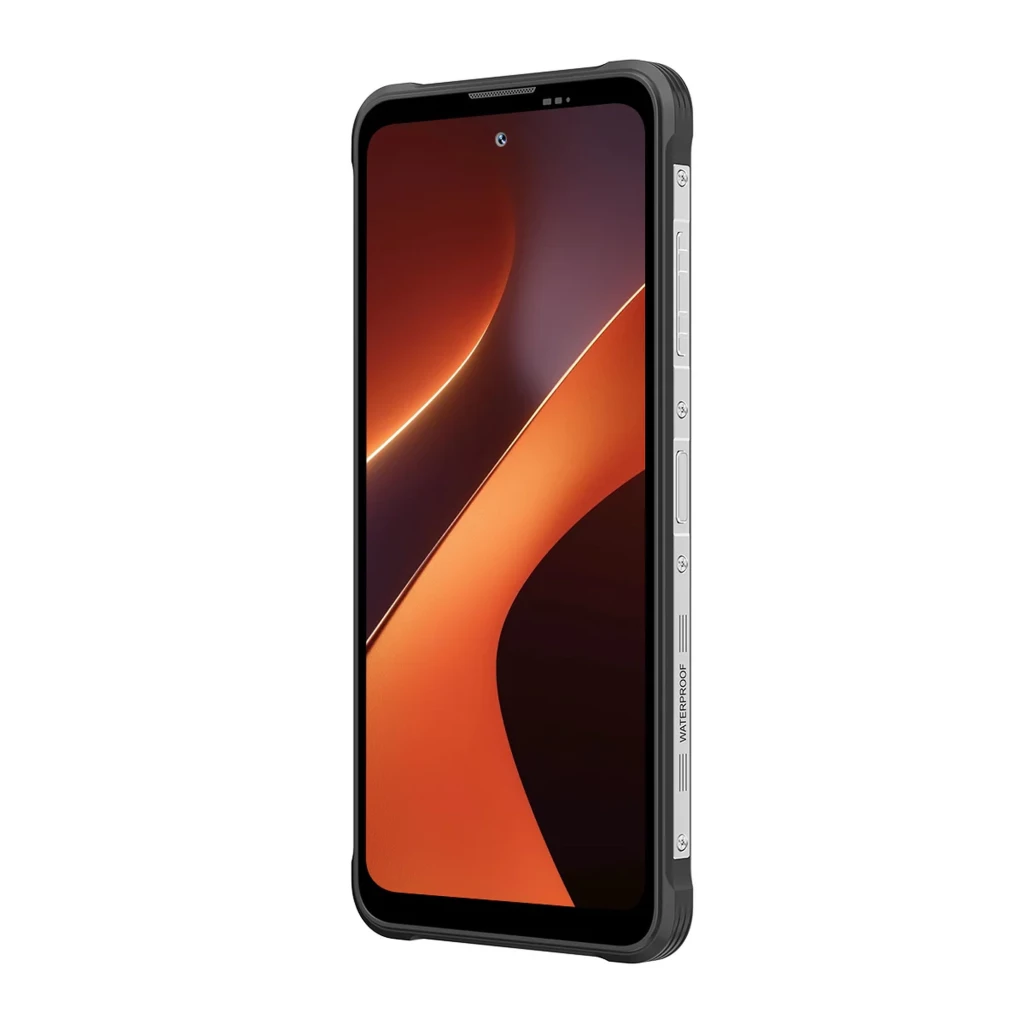 Smartphone robusto Blackview Fort 200 en naranja con marco reforzado gris, pantalla grande sin notch, botones laterales y bordes protegidos
