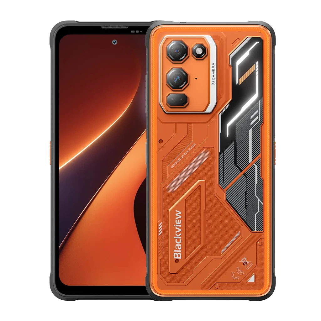 Blackview Fort 200 naranja con carcasa resistente, triple cámara trasera con sensor 16 MPx, pantalla frontal con orificio centrado y detalles negros y