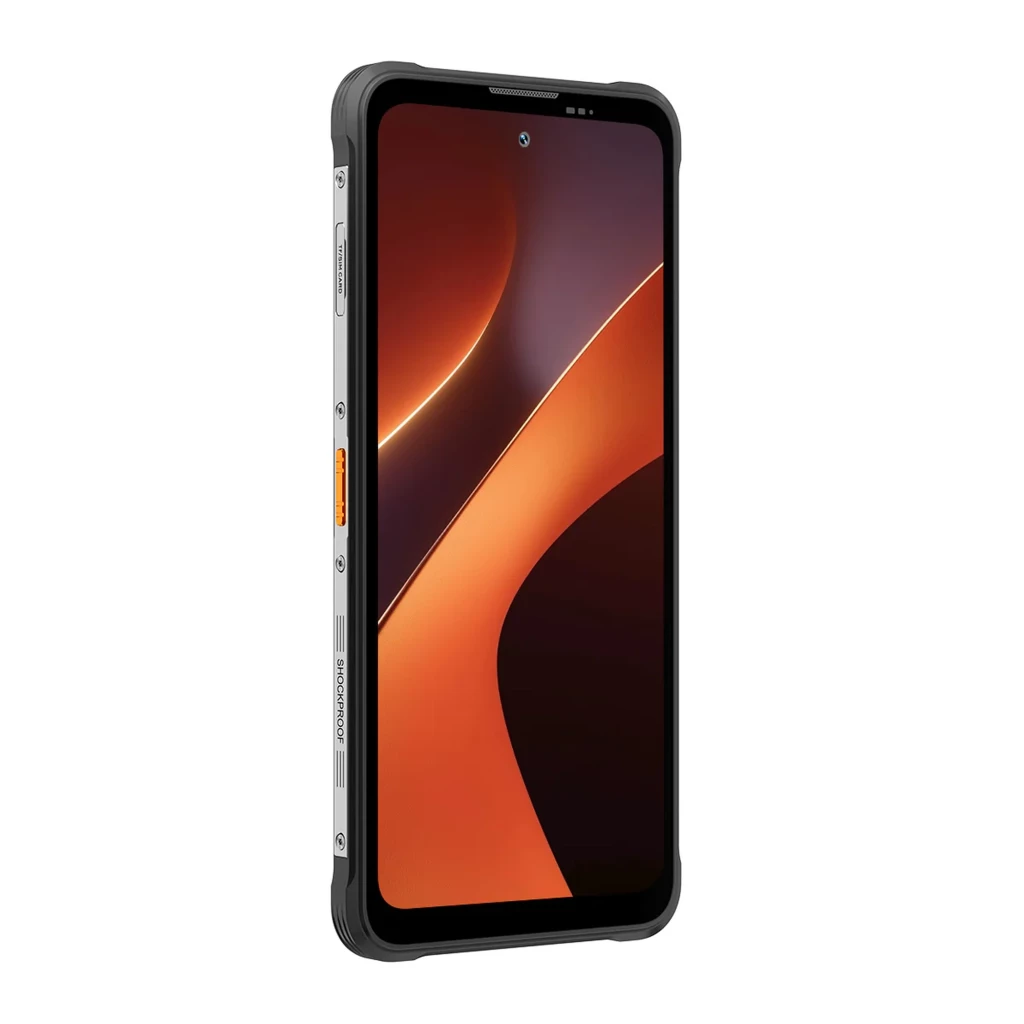 Smartphone robusto naranja con marco negro, pantalla grande con biseles gruesos, botón lateral naranja SOS, cuerpo reforzado con tornillos y perforación