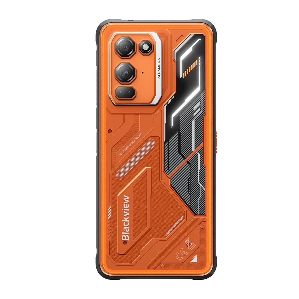 Blackview Fort 200 naranja con tapa trasera robusta, triple cámara trasera con sensor 16 MP, detalles geométricos negros y plateados, marcos reforzados