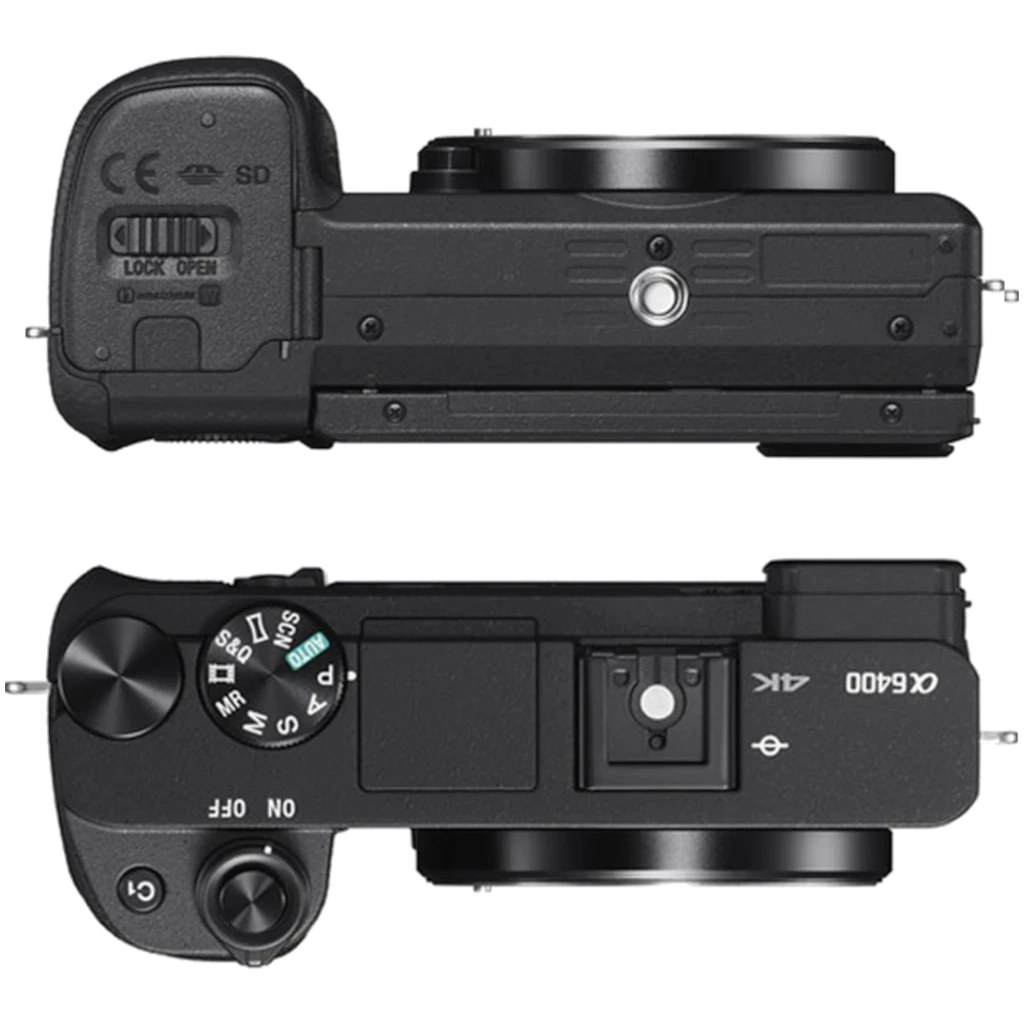 Appareil photo Sony Alpha ILCE-6400AM noir vu du dessus, molette de modes, bouton ON/OFF, marquage 4K, logement SD verrouillable, monture APS-C sans objectif