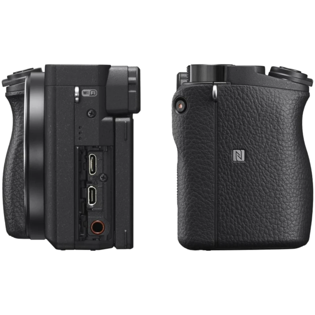 Poignée latérale Sony Alpha ILCE-6400AM en cuir texturé, ports micro HDMI, micro USB et jack 3,5 mm, marquage NFC, molette de réglage ergonomique