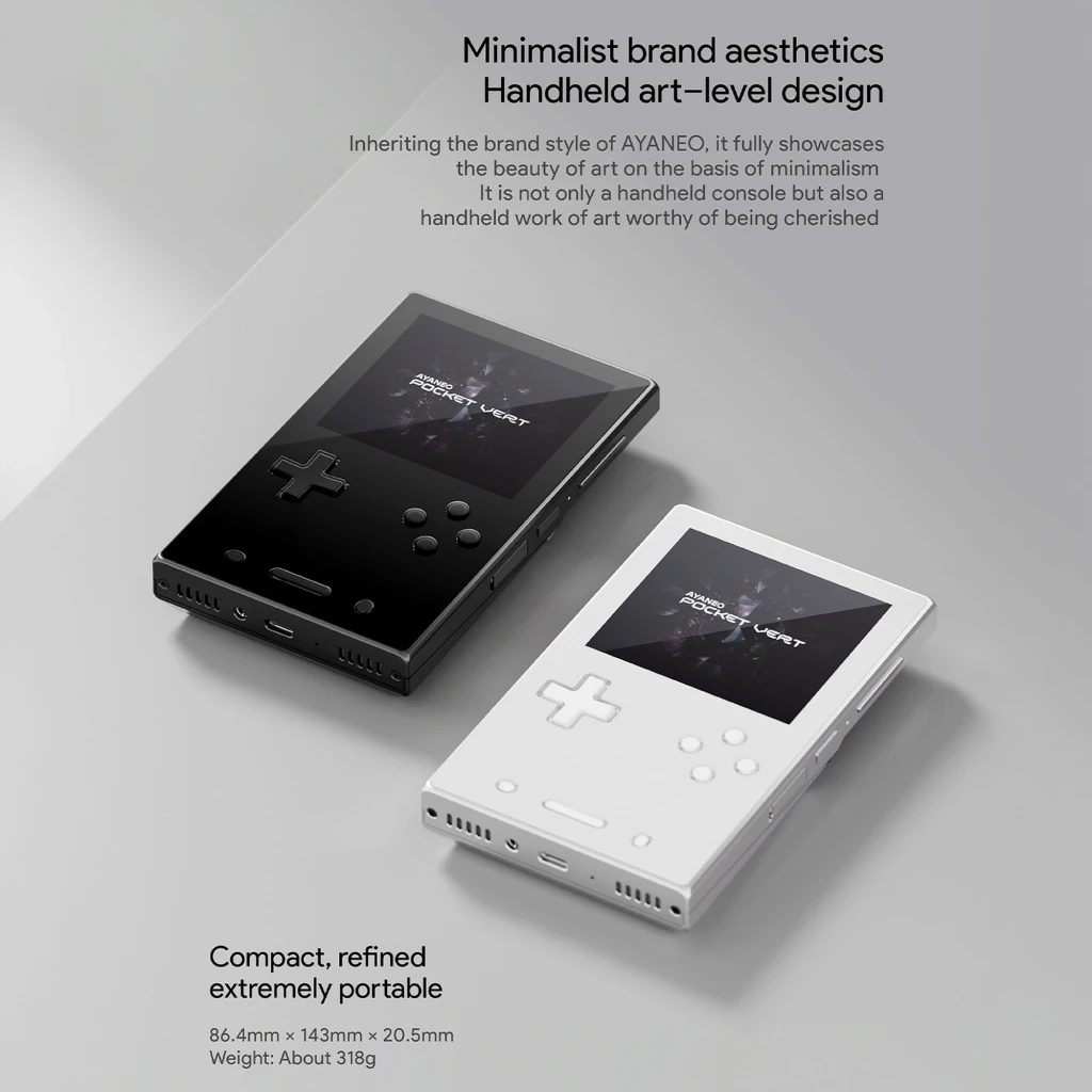 Ayaneo Pocket VERT 8GB/128GB Blanco Snapdragon 8 Gen 1: consola portátil blanca, diseño minimalista, pantalla centrada, botones frontales y rejillas laterales