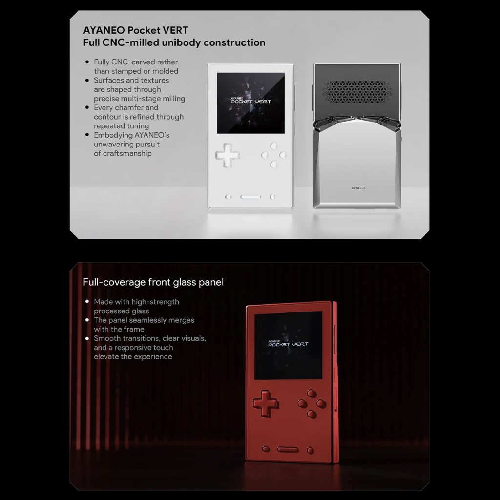 Ayaneo Pocket VERT 8GB/128GB blanco con cuerpo unibody CNC, panel frontal de vidrio completo, D-pad y botones rojos, pantalla central y rejilla trasera