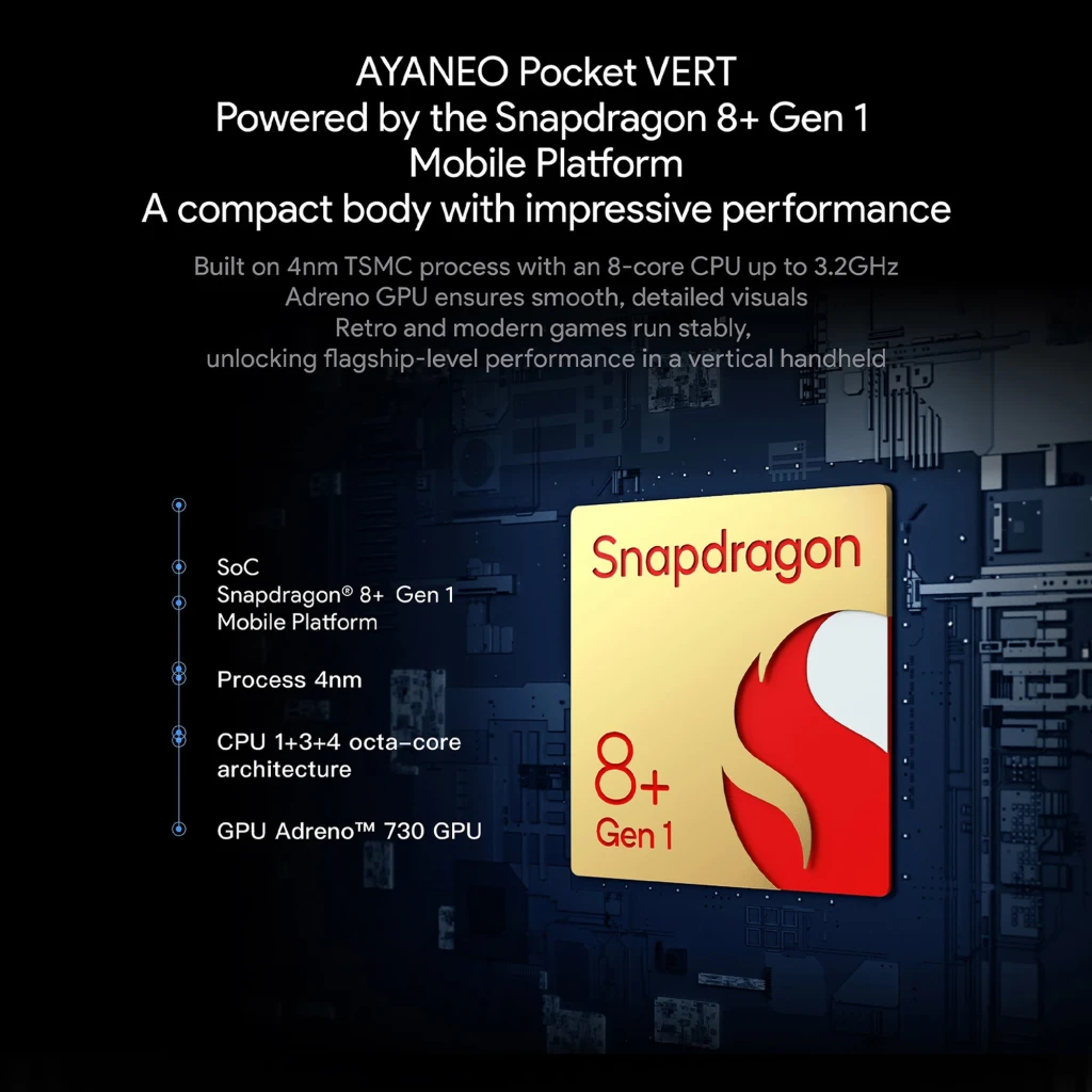Tarjeta Snapdragon 8+ Gen 1 en primer plano con icono rojo y dorado; texto técnico destaca SoC 4nm, CPU octa core hasta 3.2GHz y GPU Adreno 730