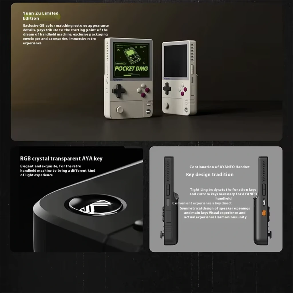 Consola portátil Ayaneo Pocket DMG negra, pantalla OLED 3.92 pulgadas, diseño tipo Game Boy, botones frontales ABXY, cruceta, altavoces frontales y carcasa