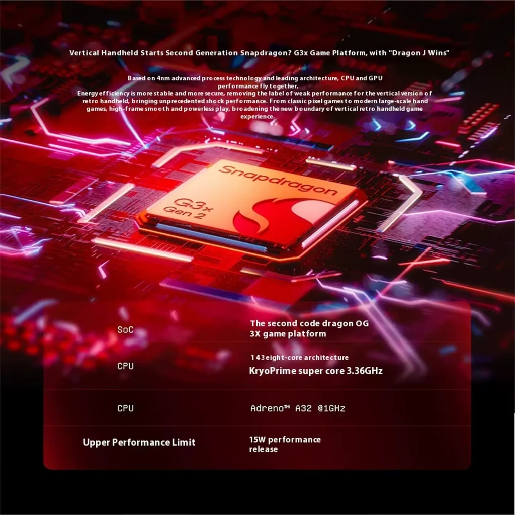 Módulo Snapdragon G3x Gen 2 en placa roja con detalles dorados, chip central destacado y texto técnico; enfoque en potencia para consola portátil vertical