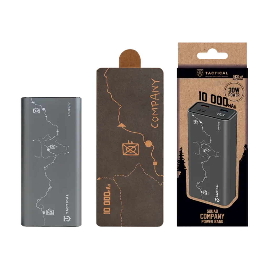 Powerbank Tactical Squad Company 30W 10000mAh en gris con mapa grabado, puertos USB-A y USB-C, indicador LED y empaque eco con diseño outdoor