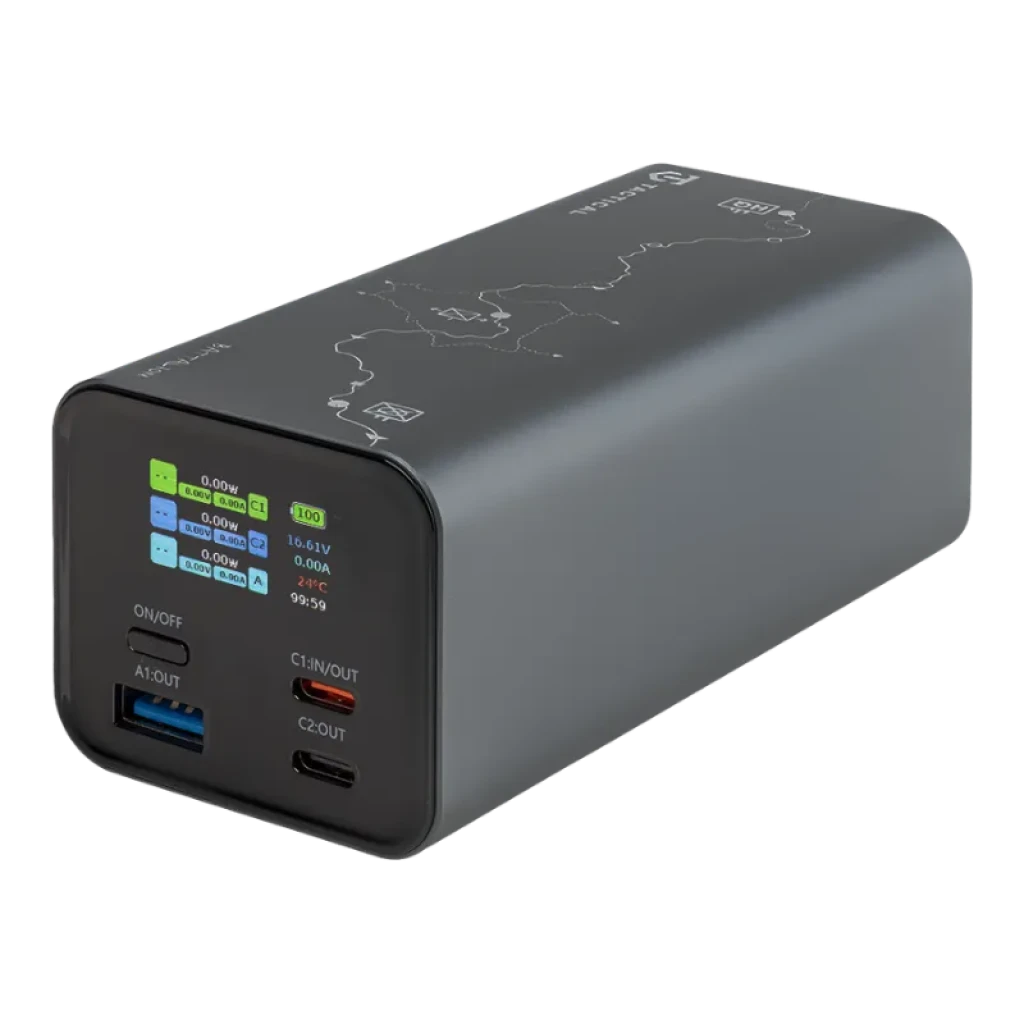 Powerbank Tactical Squad Battalion 65W 20000mAh negro mate, pantalla LCD con datos de carga, puertos USB-A y USB-C, diseño robusto con gráficos técnicos