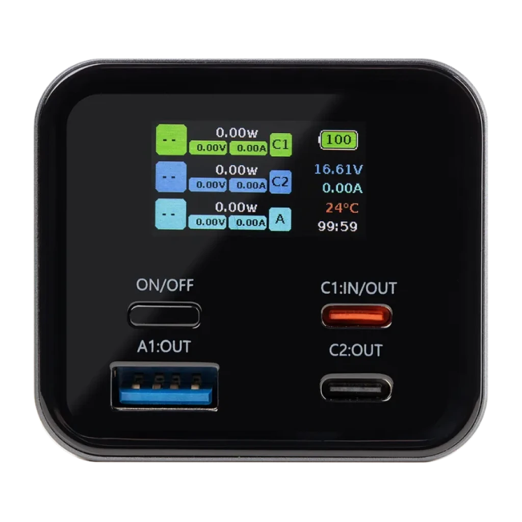Tactical Squad Battalion 65W 20000mAh - Powerbank: panel con pantalla a color que muestra voltaje, corriente, temperatura y tiempo, puertos USB-A y USB-C