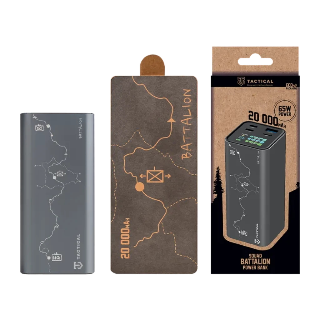 Powerbank Tactical Squad Battalion 65W 20000mAh en gris con mapa topográfico, pantalla LED de carga, puertos múltiples y empaque eco de cartón reciclado