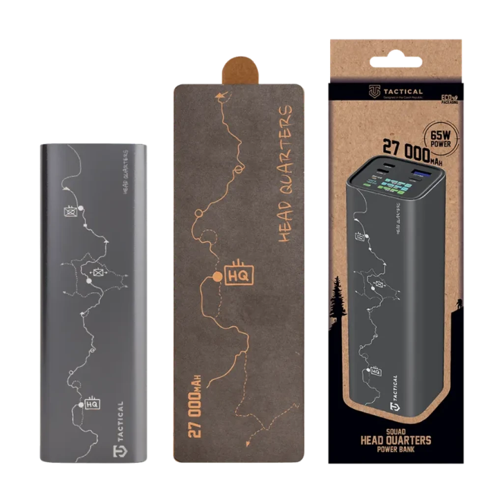 Powerbank Tactical Squad Head Quarters 65W 27000mAh en gris con mapa grabado, pantalla LED de estado y múltiples puertos USB en empaque ecológico