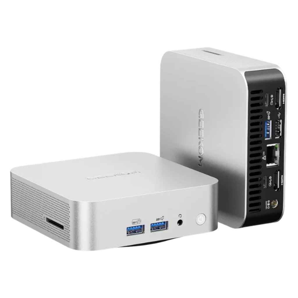 Geekom A5 Pro con puertos frontales USB 3.0 y audio, lateral con ranura microSD, panel trasero con HDMI, USB, Ethernet y ventilación