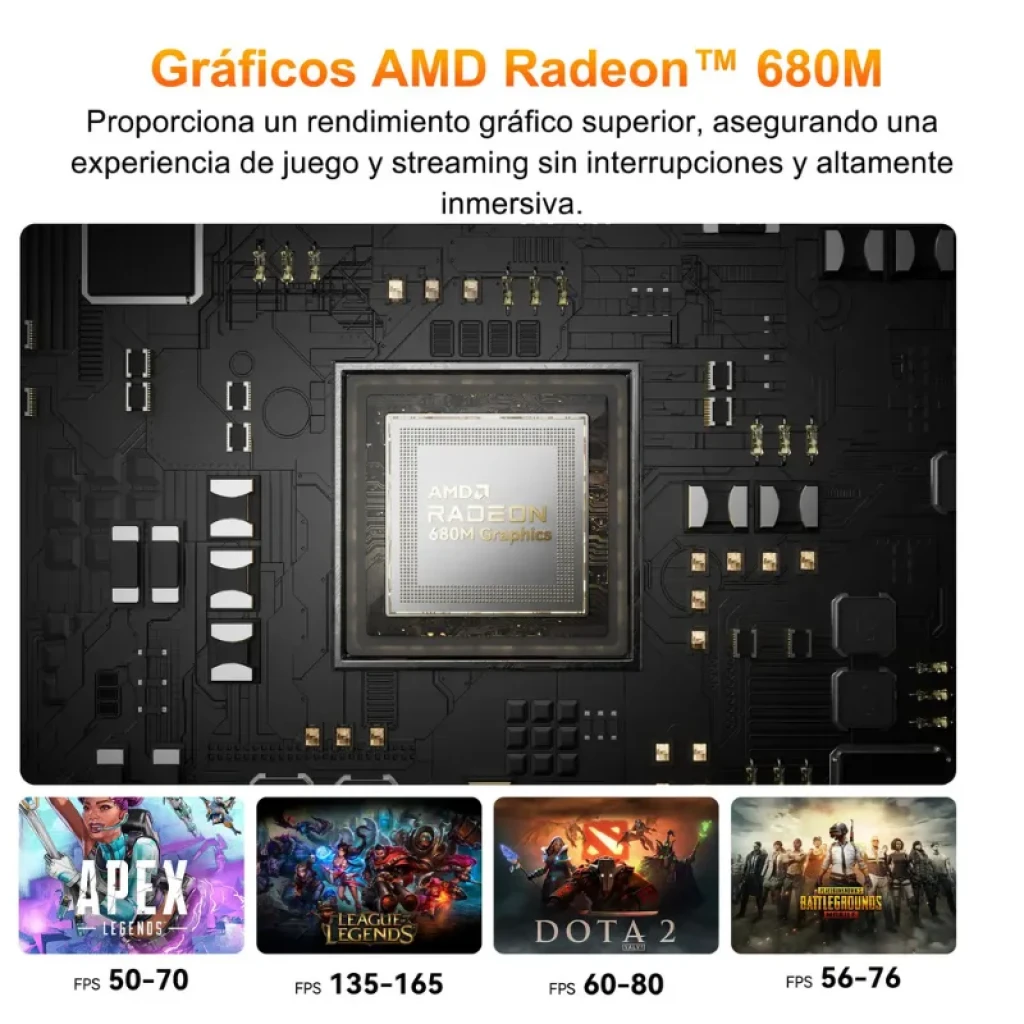 Chip gráfico AMD Radeon 680M en placa con trazos dorados y negros, resaltado en centro. Banners inferiores muestran juegos y FPS estimados para rendimiento