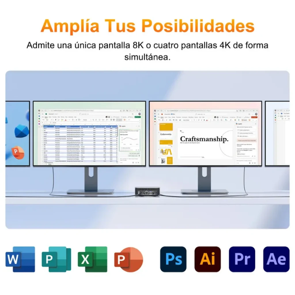 GEEKOM A6 compacto con puertos frontales y traseros, admite una pantalla 8K o cuatro 4K simultáneas; ideal para multitarea y creación de contenido