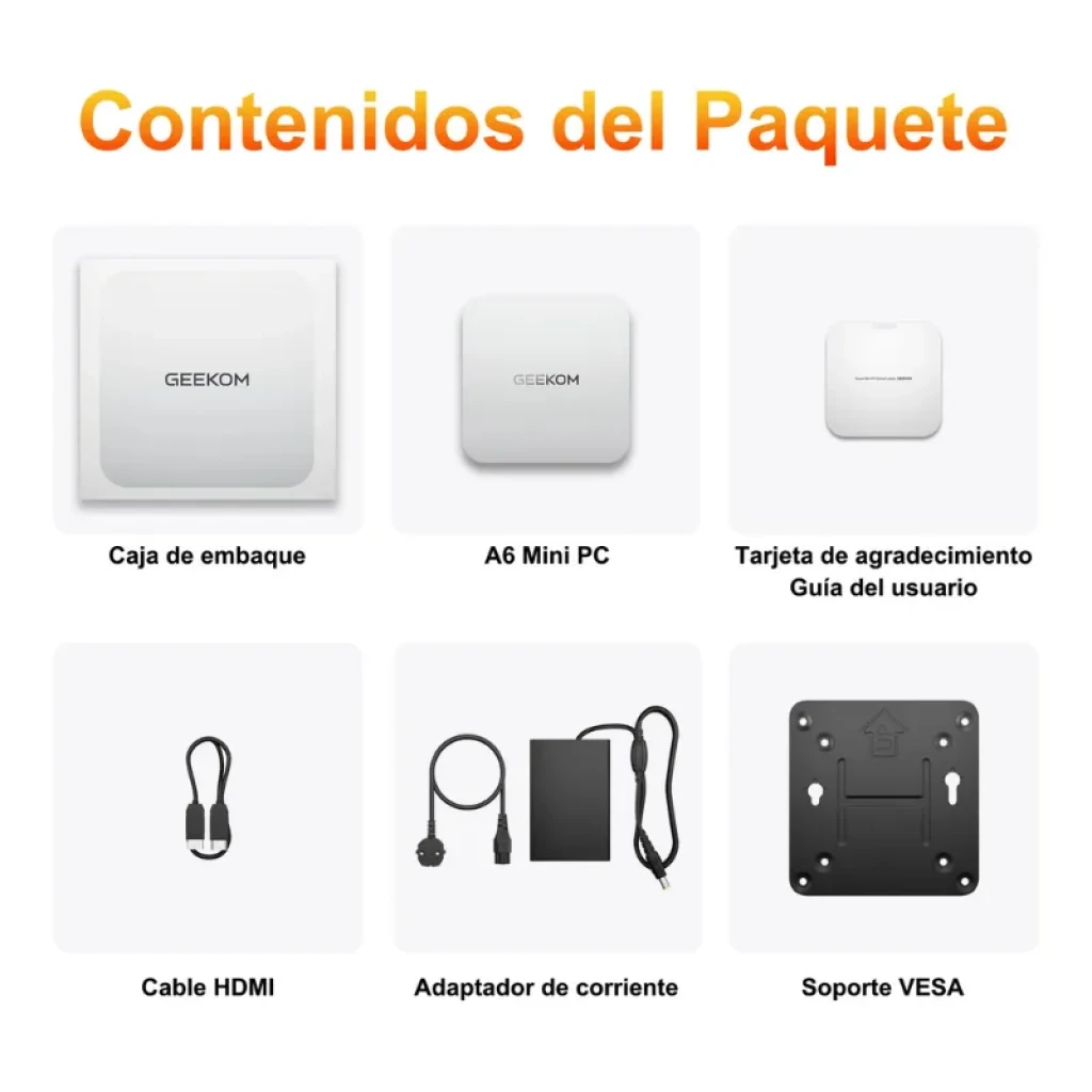 GEEKOM A6 compacto en gris con logo en la tapa. Incluye cable HDMI, adaptador de corriente, tarjeta de agradecimiento, guía de usuario y soporte VESA