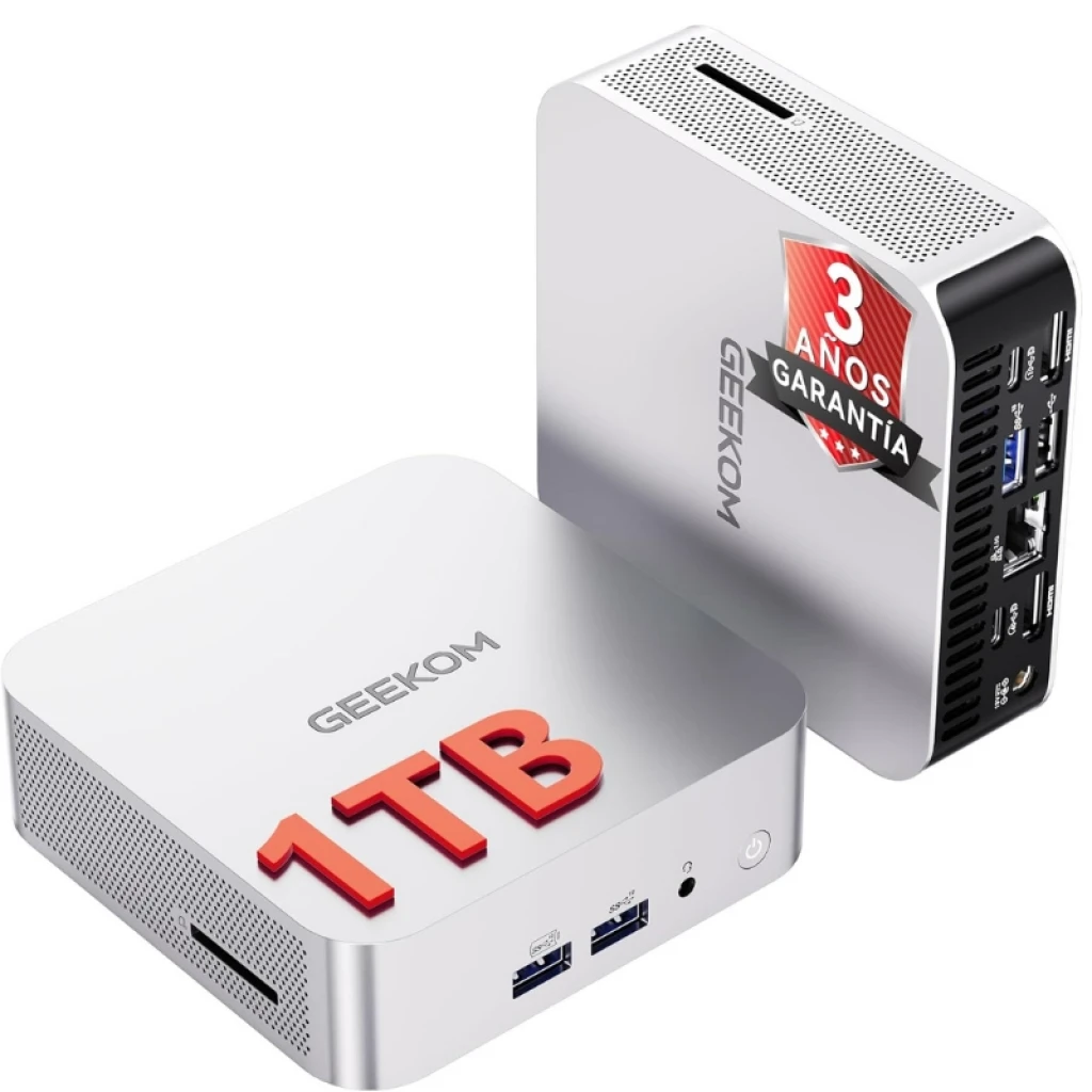 Mini PC GEEKOM A6 plateado, compacto, con Ryzen 7 6800U, 16GB RAM, 1TB destacado en rojo, múltiples puertos frontales y laterales, garantía 3 años