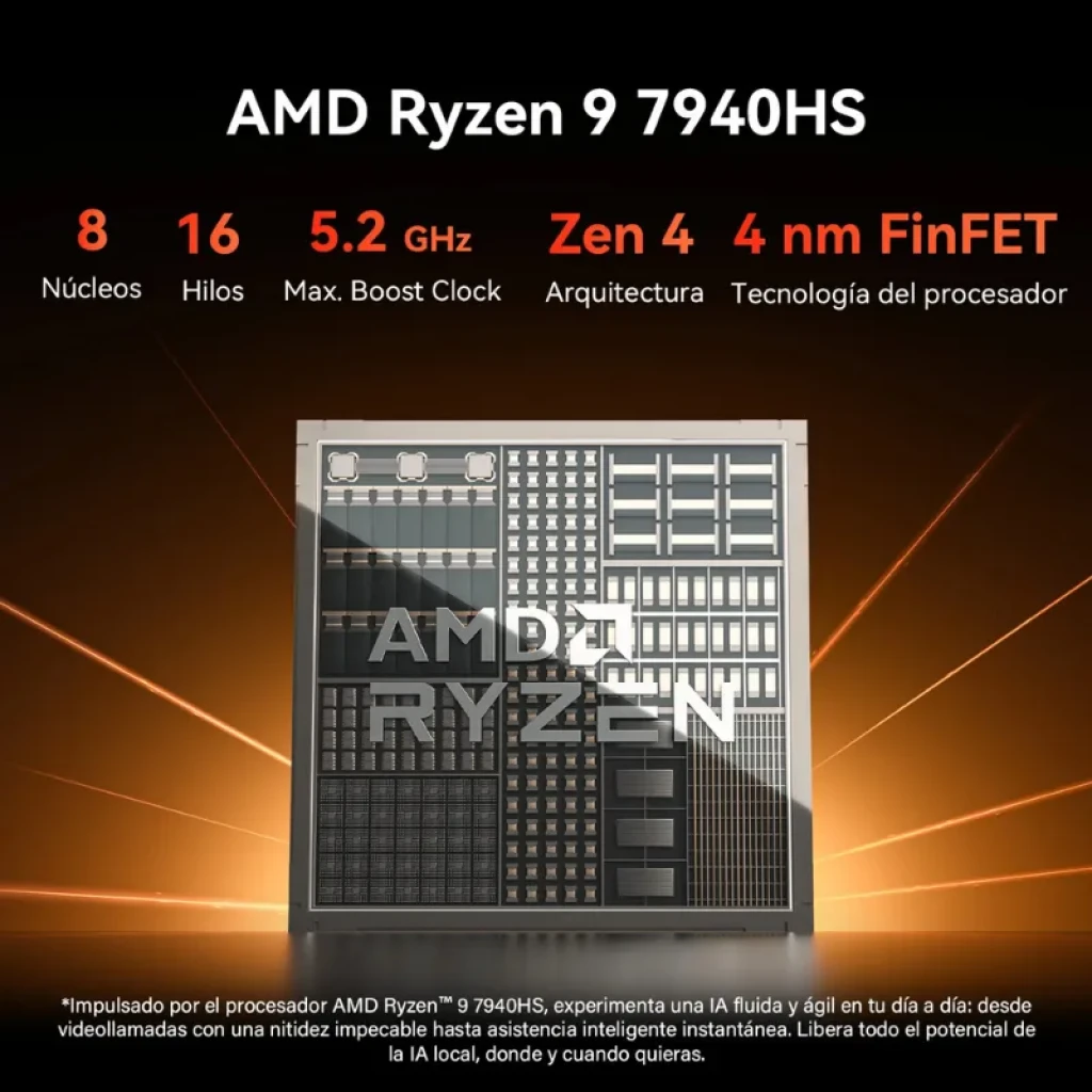 Gráfico del chip AMD Ryzen 9 7940HS mostrando matriz del procesador. Destaca 8 núcleos, 16 hilos, hasta 5.2 GHz, arquitectura Zen 4 y proceso 4 nm FinFET.