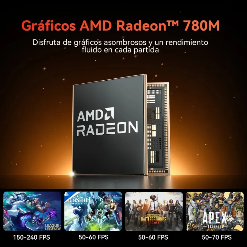 Gráficos AMD Radeon 780M con chip y módulo expuestos; destaca rendimiento en juegos como LoL, Genshin Impact, PUBG y Apex con FPS altos y fluidos