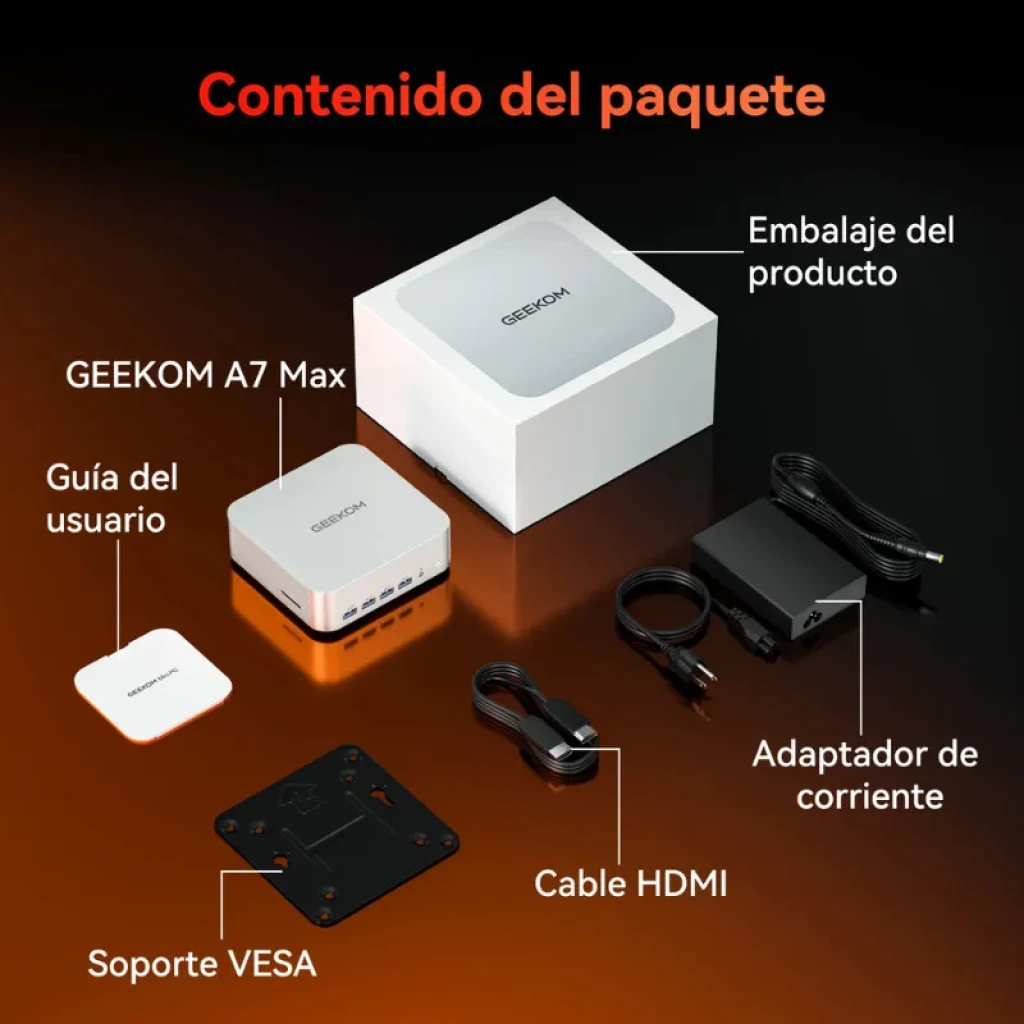 GEEKOM A7 Max incluye caja, guía, adaptador de corriente, cable HDMI y soporte VESA