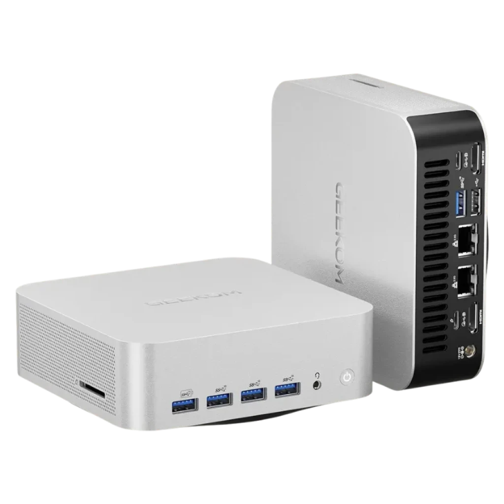 Mini PC GEEKOM A8 Max chasis metálico compacto y puertos frontales
