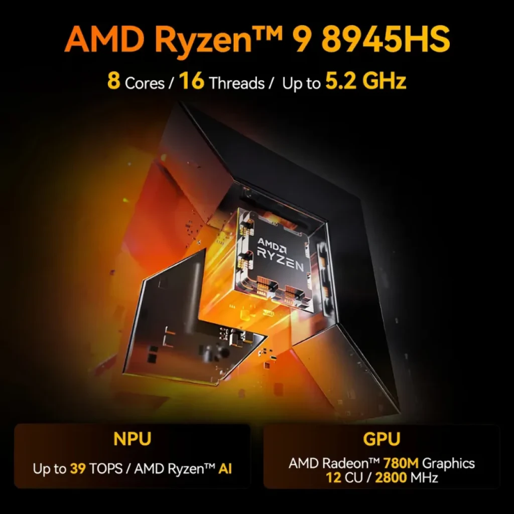 Módulo AMD Ryzen 9 8945HS destacado con 8 núcleos, 16 hilos y hasta 5.2 GHz; resalta NPU hasta 39 TOPS y GPU Radeon 780M 12 CU a 2800 MHz