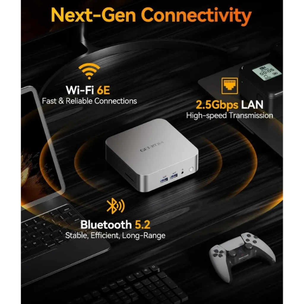 GEEKOM A8 con conectividad Wi‑Fi 6E, LAN 2.5Gbps y Bluetooth 5.2 en entorno de escritorio gaming