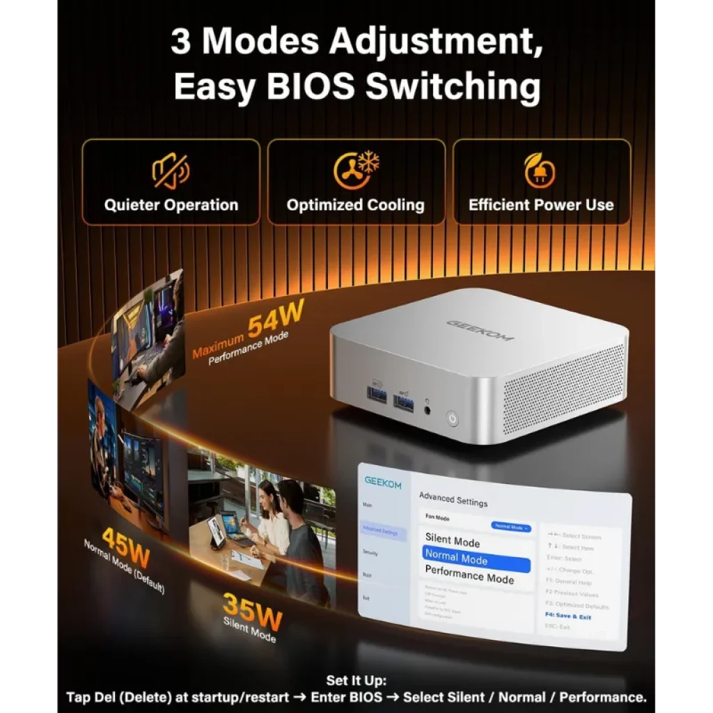 GEEKOM A8 con puertos frontales USB y audio, rejilla lateral de ventilación y modos BIOS Silent Normal Performance con consumo 35W a 54W