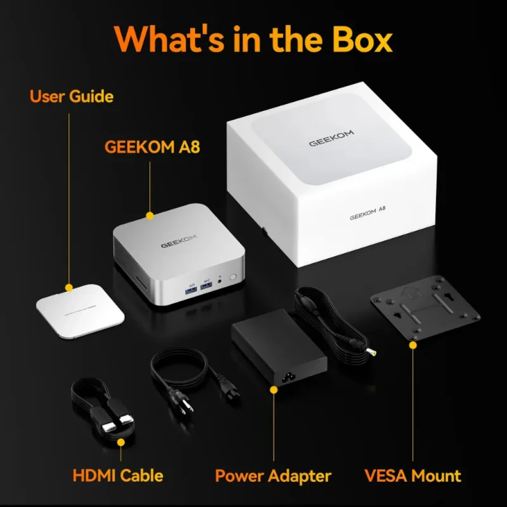 GEEKOM A8 incluye guía, cable HDMI, adaptador de corriente y soporte VESA en caja blanca compacta