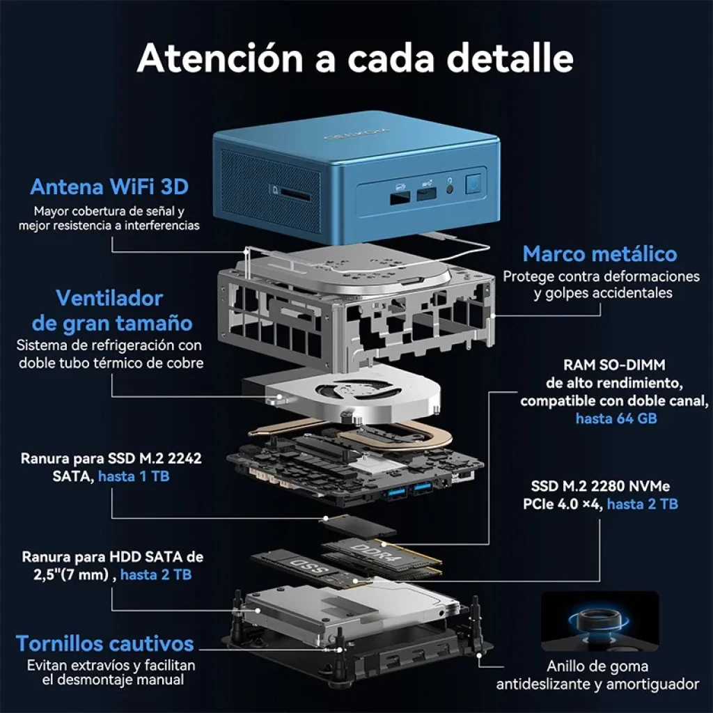 GEEKOM Mini IT12 con chasis metálico, antena WiFi 3D, gran ventilador, puertos frontales, ranuras SSD NVMe y SATA, patas de goma antideslizantes
