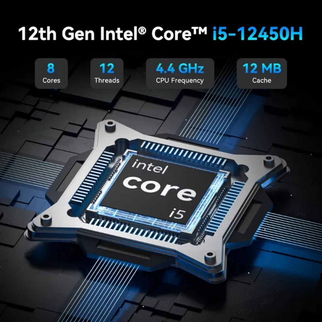 Chip Intel Core i5-12450H de 12ª gen destacado, 8 núcleos, 12 hilos, 4.4 GHz y 12 MB de caché, diseño metálico sobre placa con líneas azules tecnológicas