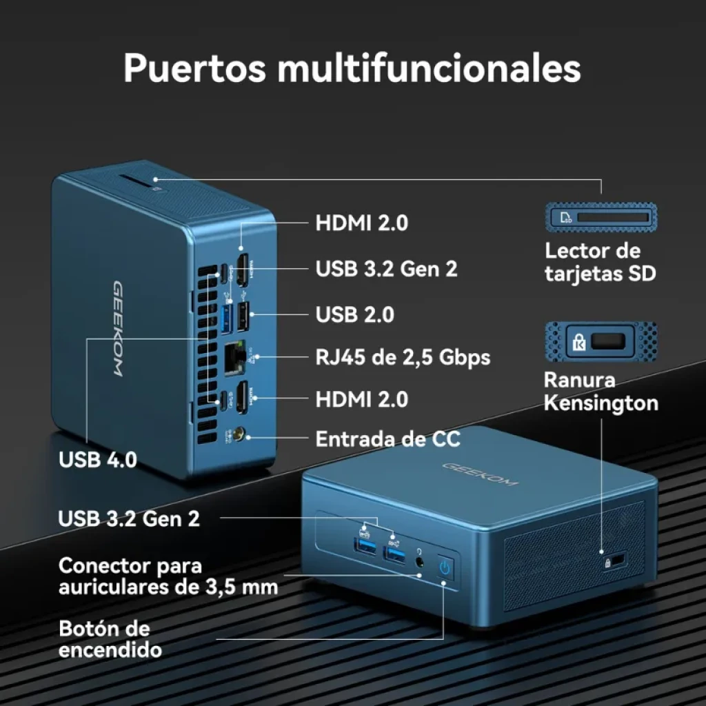 Puertos frontales y traseros del GEEKOM Mini IT12, incluyendo USB4, HDMI y conexión Ethernet 2.5G