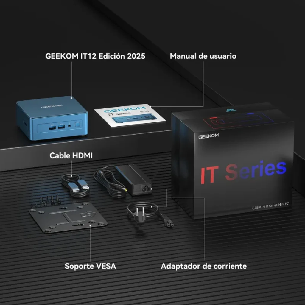 GEEKOM IT12 incluye caja IT Series, adaptador de corriente, cable HDMI, soporte VESA y manual de usuario