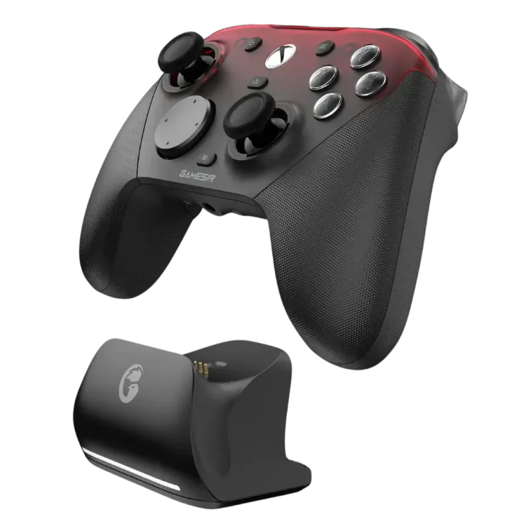 Mando GameSir G7 Pro Negro con joysticks duales, botones plateados, agarre texturizado, acentos rojos y base de carga magnética con luz LED