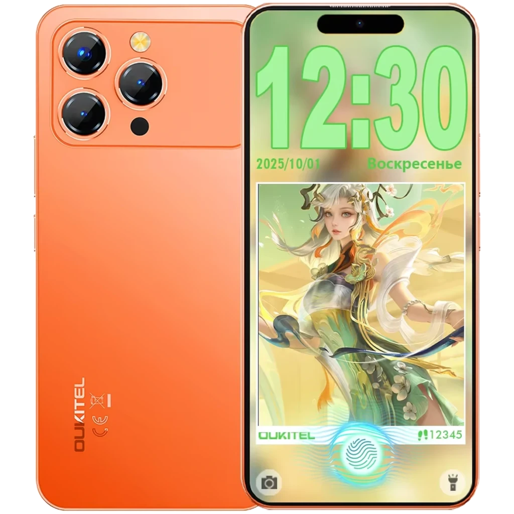 Oukitel P1 Pro naranja con triple cámara trasera y flash, pantalla con isla dinámica y lector de huella en pantalla, bordes rectos y acabado mate