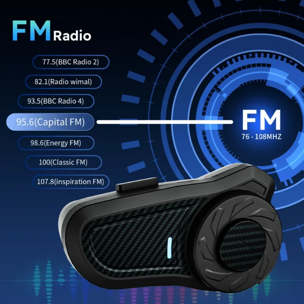 Hysnox X9 Mesh Intercomunicador para moto con dial grande, textura fibra de carbono, luz LED y radio FM 76–108 MHz para hasta 10 interlocutores