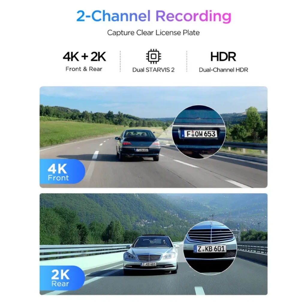 VIOFO A329S con cámara trasera 2K; grabación frontal 4K y trasera 2K, HDR, Dual STARVIS 2, lectura nítida de matrículas