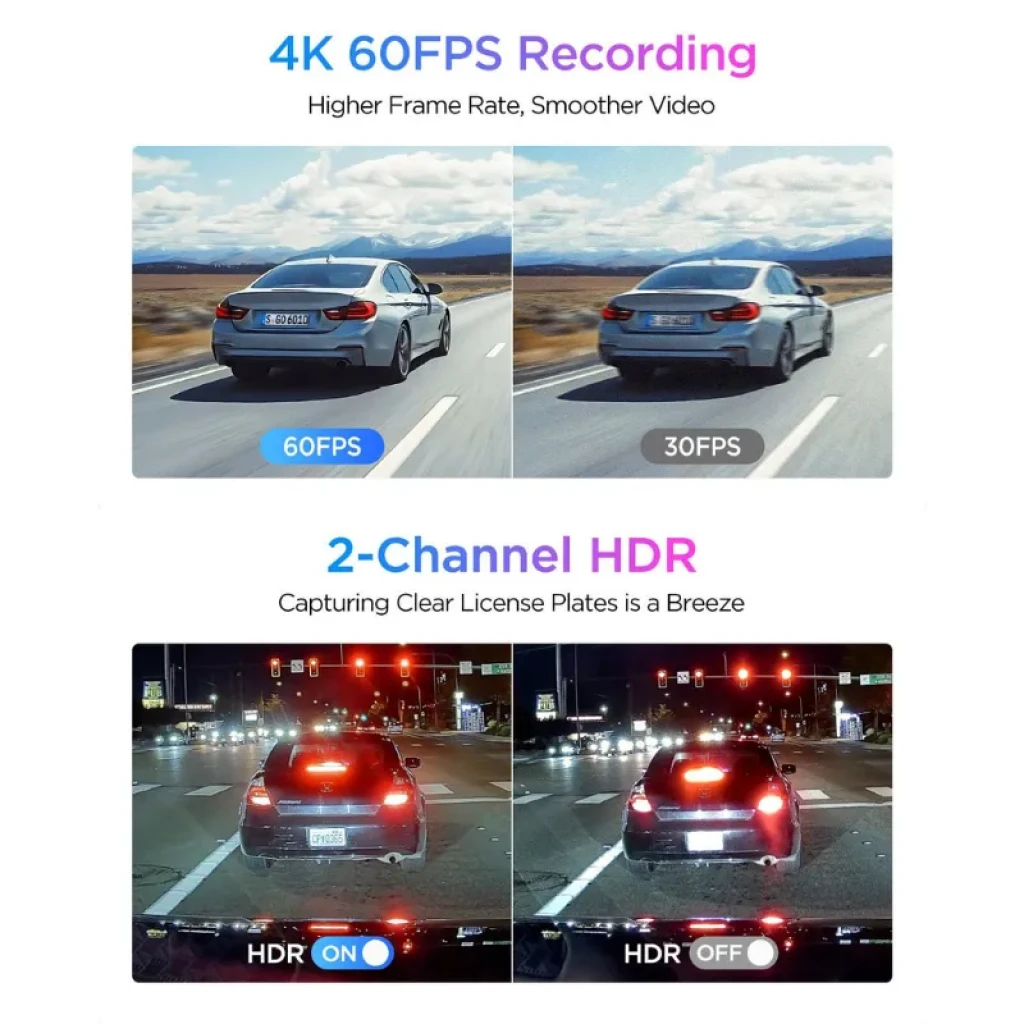 Comparativa de grabación: 4K 60FPS frente a 30FPS y HDR 2 canales mostrando mayor nitidez y lectura de matrículas en escenas diurnas y nocturnas
