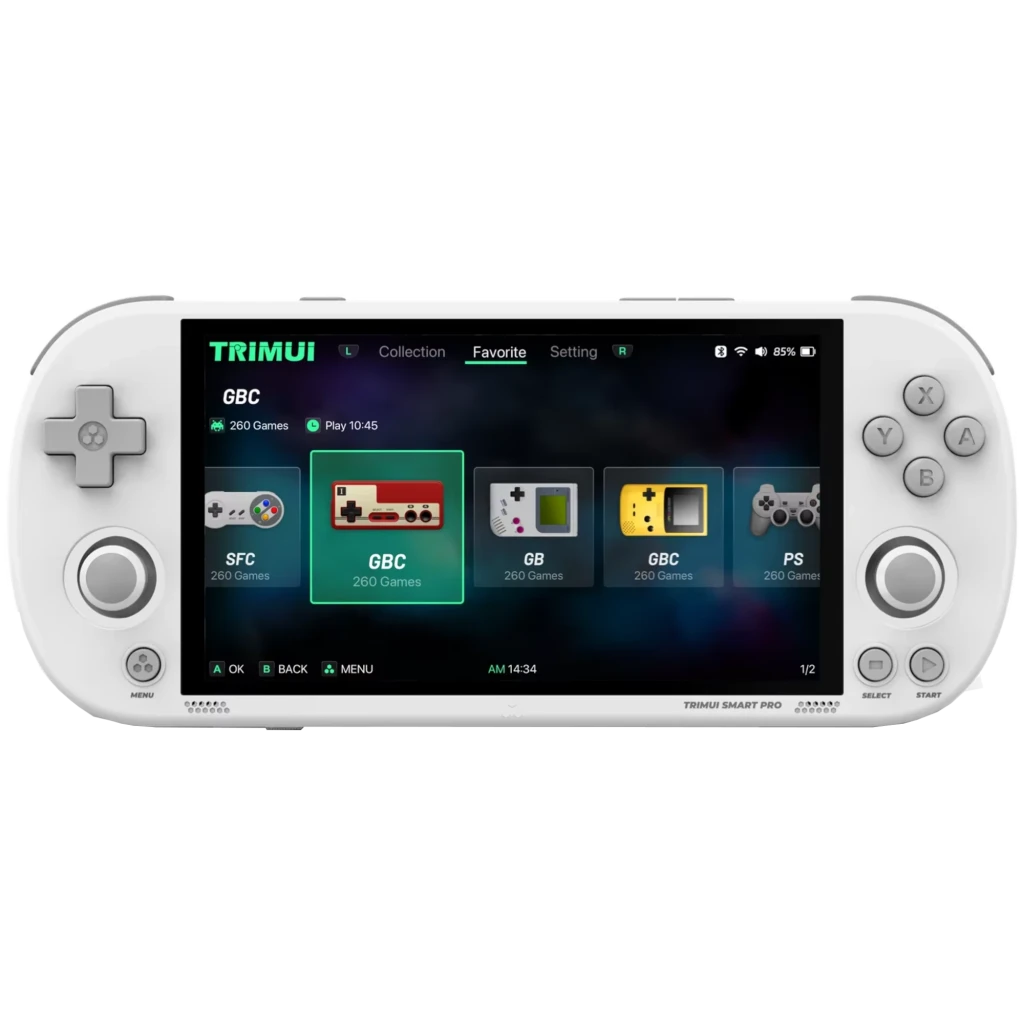 Trimui Smart Pro sans carte SD Blanc, console rétro portable avec grand écran couleur, boutons ABXY, joysticks doubles et interface de sélection de jeux