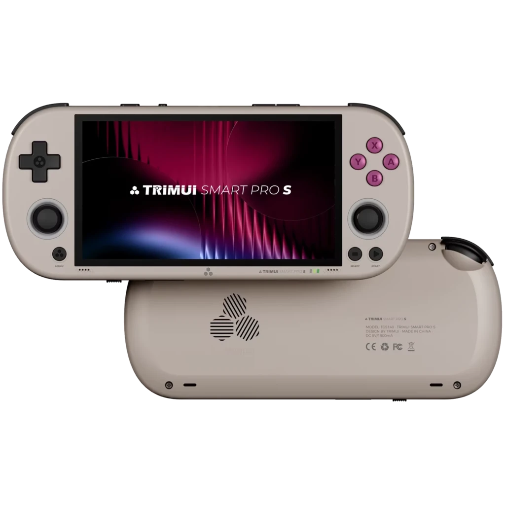 Trimui Smart Pro S TG5050 Gris sans carte SD, console rétro portable avec grand écran, croix directionnelle, deux sticks, boutons violets et coque arrondie