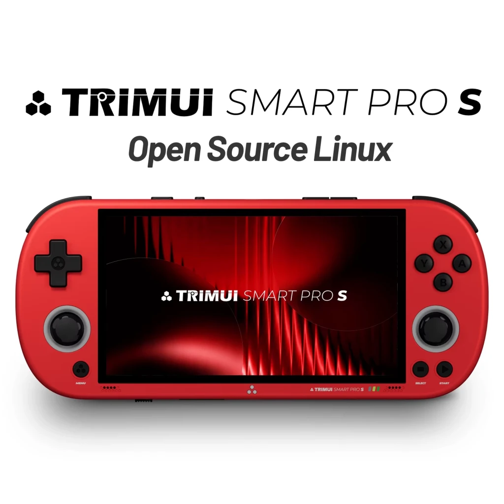 Trimui Smart Pro S TG5050 Rojo – consola retro portátil con pantalla amplia, botones ABXY negros, joystick dual, altavoces frontales y sistema Linux open