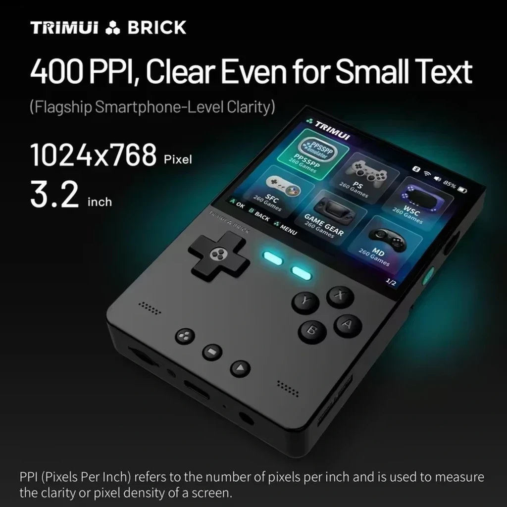 Trimui Brick Sin SD Card Blanco - Consola Retro con pantalla 3.2 pulgadas 1024x768, 400 PPI, cruceta, cuatro botones frontales y LED indicadores